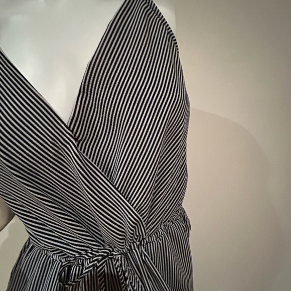 One piece jumpsuit. Black and white pinstrip.  Adjustable straps. - Picture 2 of 4